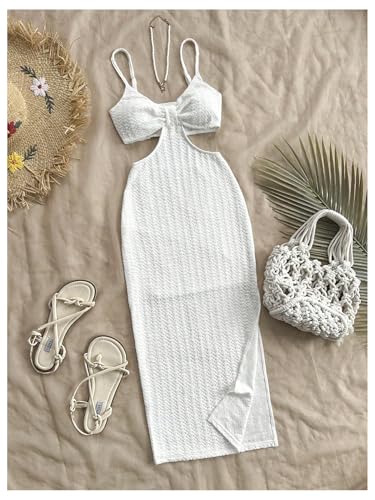 Image of SHENHE Women's Vacation Sexy Cutout Waist Split Camisole Textured Bodycon Summer Dress White X-Small