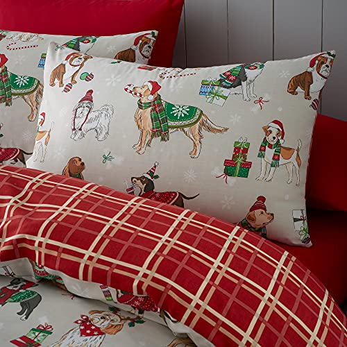 Happy Linen Company Bettwäsche mit weihnachtlichen Hunde-Motiven - wendbar - Taupe/Naturfarben - Bettwäsche-Set für EIN Einzelbett