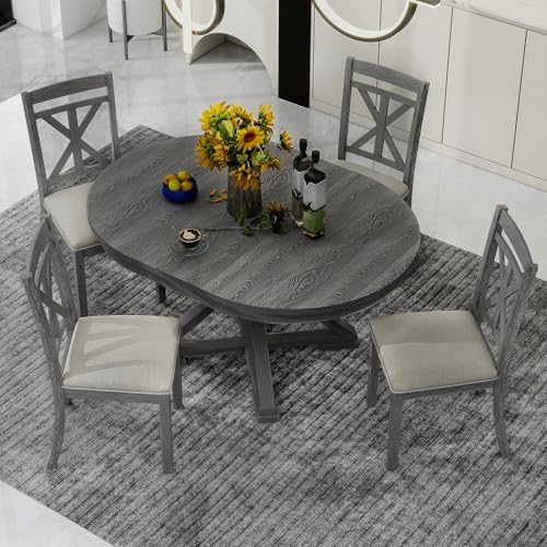 Image of 5-Piece Extendable Dining Set, Retro Kitchen Table for 4 6 People with Removable Middle Leaf and 4 Upholstered Chairs, Round Dining Table for Kitchen, Dining Room, Grey