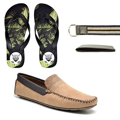 Kit Mocassim Drive Bege + Chinelo + Carteira E Cinto Queima Estoque (39)