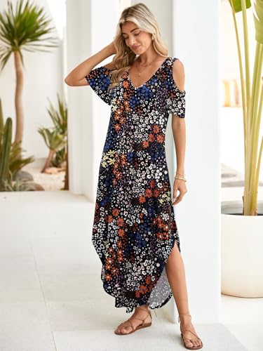 Image of BELAROI Womens Cold Shoulder Maxi Dress Plus Size V Neck Summer Sundresses with Pockets Beach Coverup Vacation Outfits