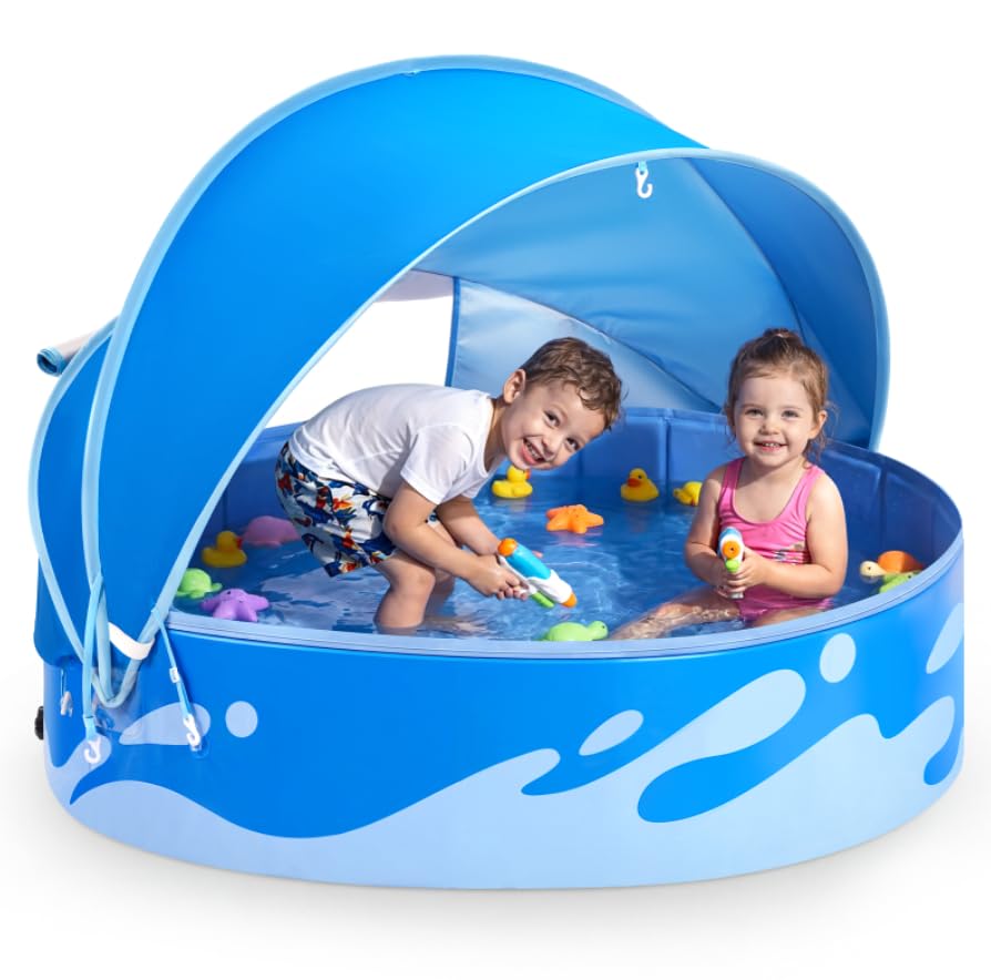 Peradix Piscina infantil com toldo para bebés, 120 cm dobrável, piscina para crianças pequenas para jardim e viagens, proteção solar UPF50, loja para bebé e loja de praia, para 2-3 crianças