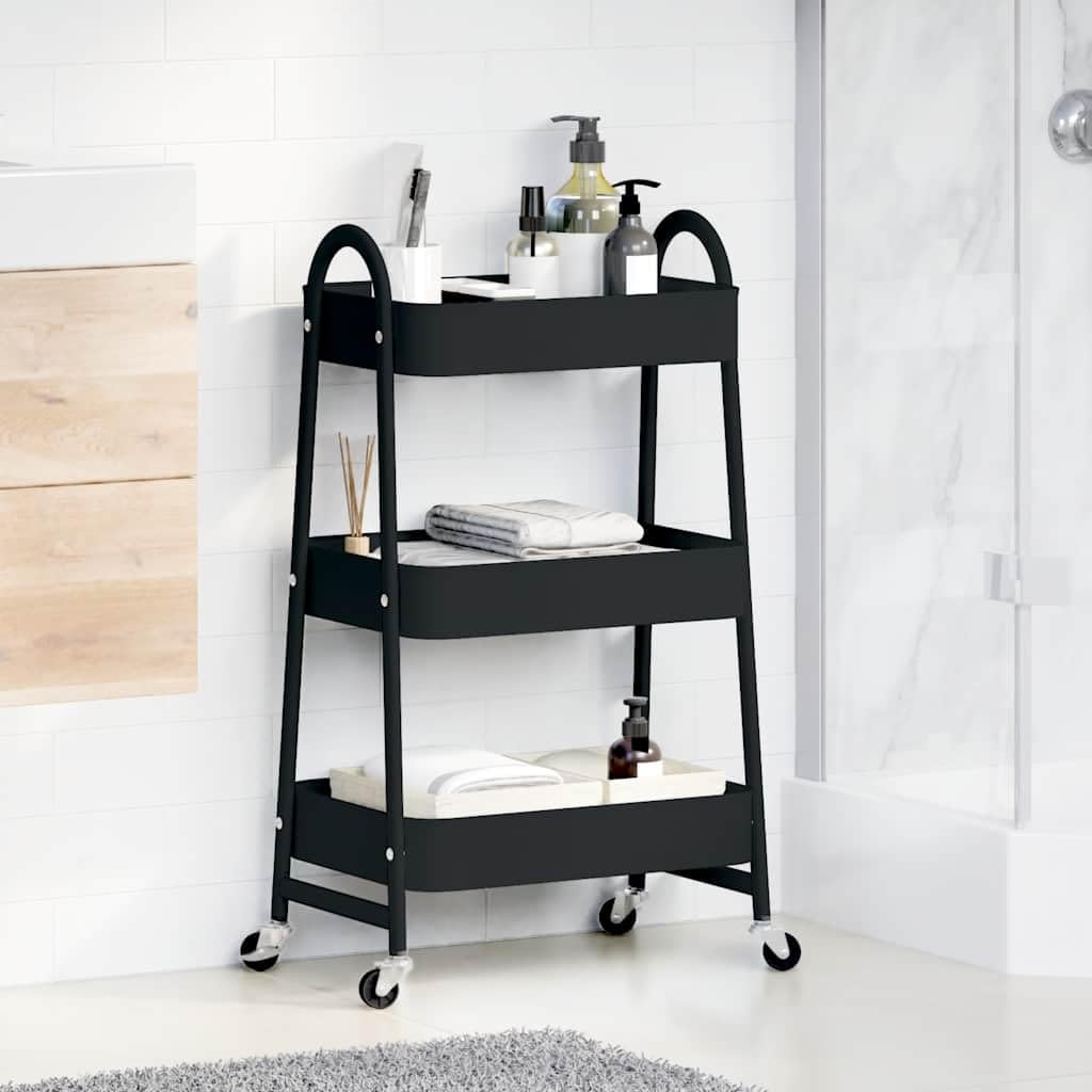 Carro de almacenamiento de 3 niveles, color negro, 42 x 41,5 x 77 cm, acero con 4 ruedas, dos bloqueables, carrito para cocina, baño, oficina, orden y ayuda de transporte