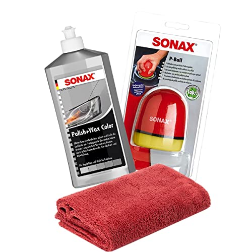 detailmate SONAX Pacchetto di spugne per lucidatura manuale: Sonax Polish+Wax Colore Argento/Grigio 500ml + SONAX P-Ball Spugna per lucidatura ergonomica Edgeless in microfibra 550 g/m² Rosso