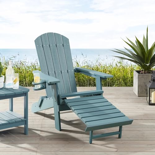 Ogarden Adirondack Loungesessel Arizona, Mit Fußschemel, Getränkehalter, HIPS Kunststoff, Holz-Optik - für Balkon, Terrasse, Rasen, Kamin (Grün)