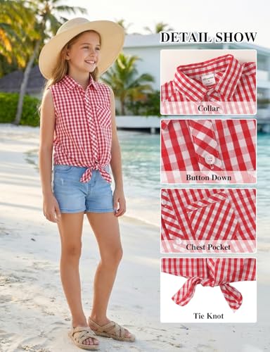 Image of Noomelfish Girls Sleeveless Button Down Shirt Tie Knot Blouse Western Cowgirl Outfit (5-12 Years)