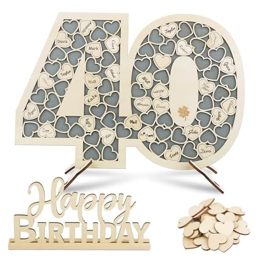 BOFUNX Libro Firmas de Visitas para Cumpleaños 40 Años Tarjeta Felicitación de Madera+80pcs Corazones para Escribir+Letrero de Número 40 Happy Birthday Regalo Feliz Cumpleaños Decoración Mesa Hogar