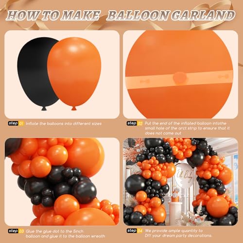 Image of Black and Orange Balloons Garland Arch Kit, 412pcs Black Orange Halloween Balloons with Different Size for Graduation Halloween Harley Davidson Decorations