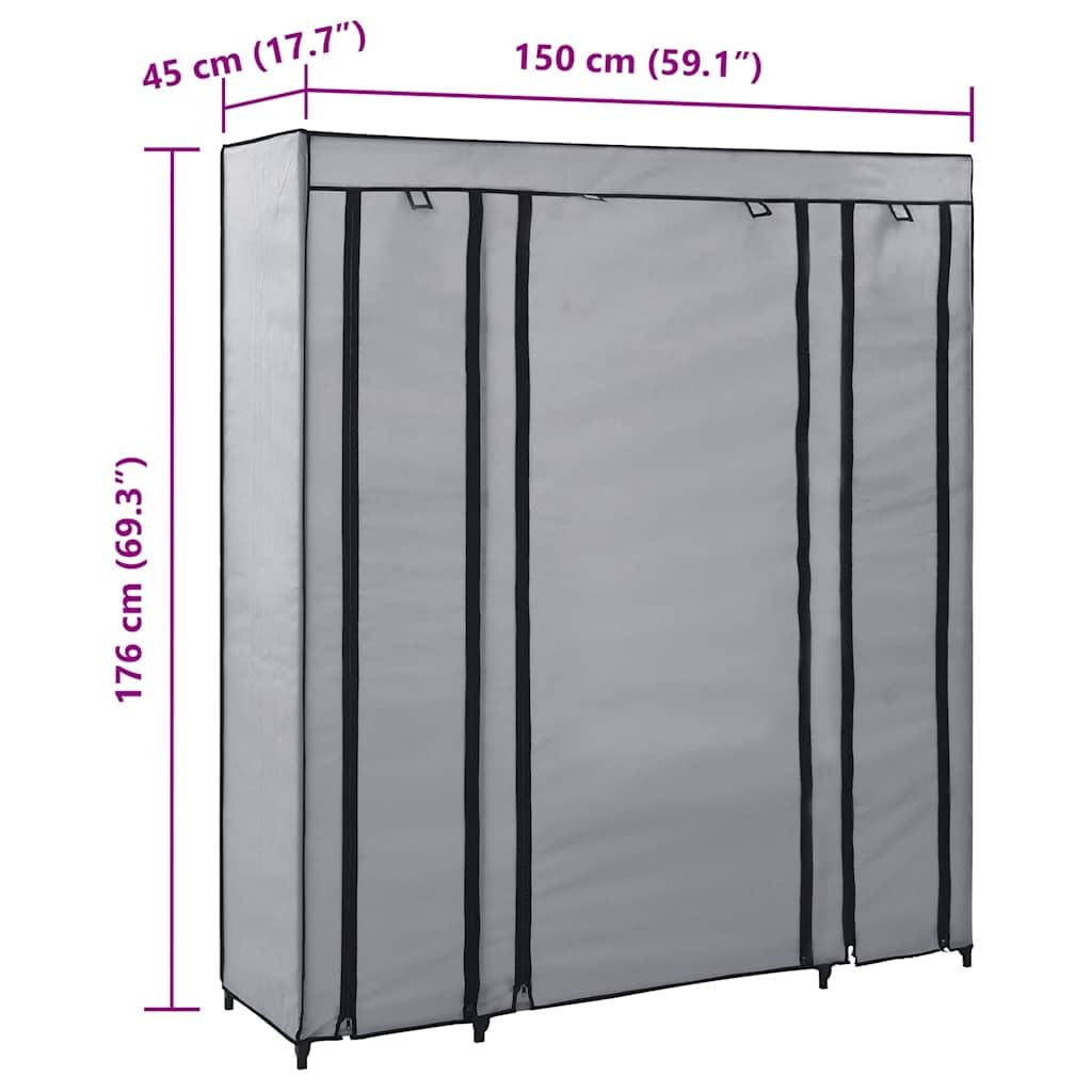 Tragbarer Kleiderschrank, faltbar, Grau, 150 x 45 x 176 cm, mit Fächern und