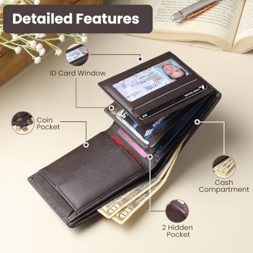 Image of KARA Brown Men's Genuine Leather Wallet - Bifold, 2 Cash Compartments, Coin Pocket, 10+ Card Slots, Hidden & Transparent Flip Sections
