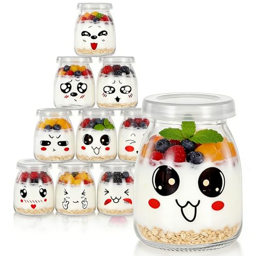 AndCarrotoy Pots à Yaourt en Verre avec Couvercle, 100ml, Lot de 10, Motifs Visages Kawaii