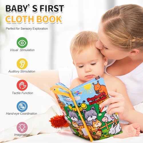 Image of Jollybaby Baby Cloth Books, Touch & Feel Crinkle Soft Books, for Infants Babies, Toddler Early Educational Interactive Stroller Toys, Baby Girl & Boy Gift(Plush Tails)