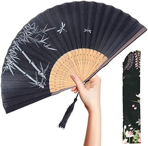 OMyTea "Landscape" Folding Hand Held Fan for Women - Chinese / Japanese Vintage Retro Style for Wedding, Dancing, Church, Party, Gifts - With a Fabric Sleeve for Protection (Kanagawa Sea Waves)