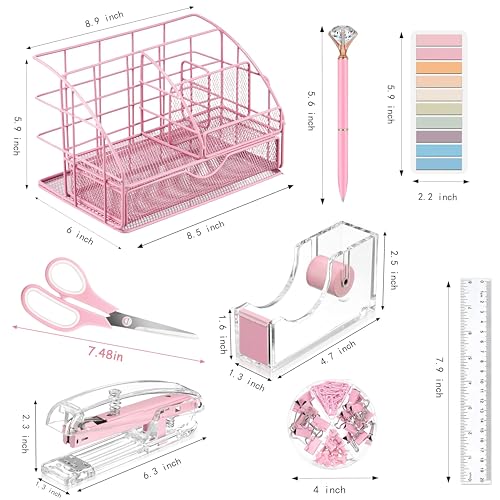 Organizador de mesa rosa e acessórios, material de escritório rosa com organizador de mesa de malha,