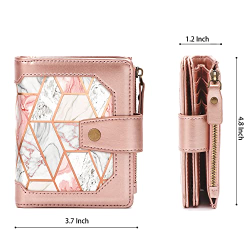 Image of Women's RFID Blocking Wallet Leather Small Compact Bi-fold Zipper Pocket Wallet Card Case Purse,Gold Pink Marble