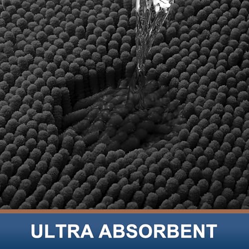 Smiry Luxury Chenille Bathroom Rugs 30x20, Extra Soft and Absorbent Shaggy Bath Mat, Machine Washable, Non-Slip Plush Carpet Runner for Tub, Shower, and Floor, Home Decor Accessories, Black