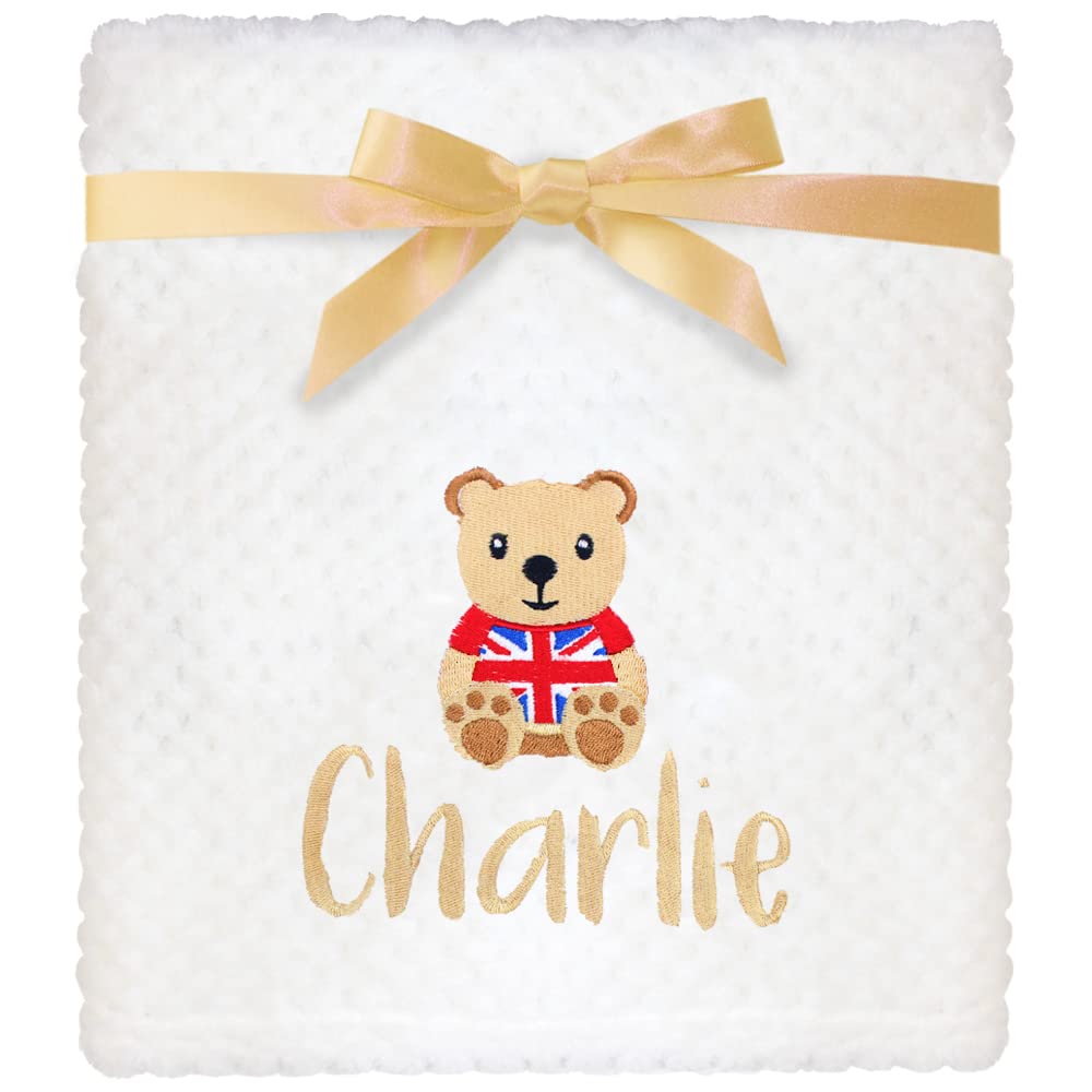Teddyt's White Personalised Coronation Union Jack Teddy Bear Baby Blanket