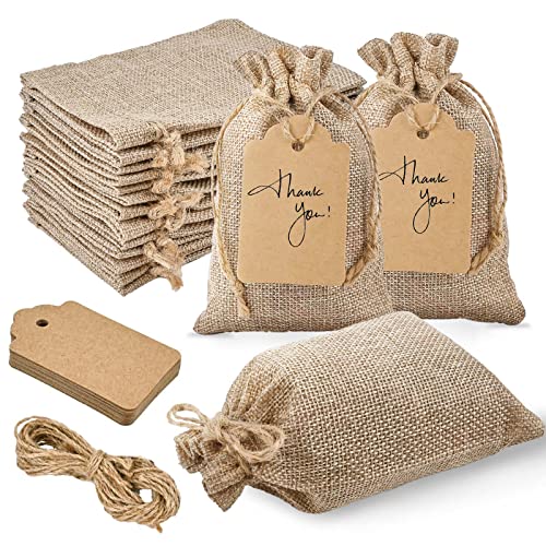 Jutieuo 25pcs Small Burlap Bags with Drawstring - 4x6 Inch Reusable Premium Linen Sacks Bags with Tag and String Mini Gift Bag for Wedding Party Favor Jewelry Pouches Coffee DIY Craft