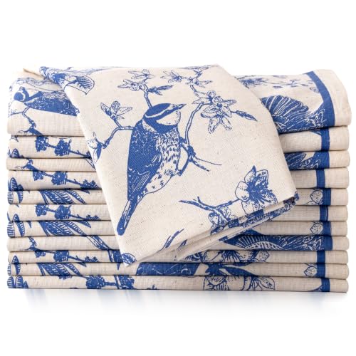 FINGERCRAFT Cloth Napkins, Set of 12 Cotton Linen Blend Printed Dinner Napkins Cloth Mitered Corner Perfect for Parties Dinners Weddings Cocktail Christmas Easter 20x20 Toile