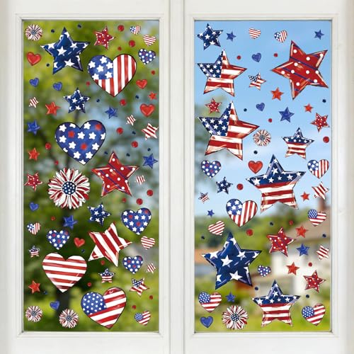 9 Sheets 4th of July Window Clings Decorations 138PCS Patriotic Window Stickers Double-Sided Window Decals Red White Blue Star Heart USA Independence Day Memorial Day Decor for Home Office Glass