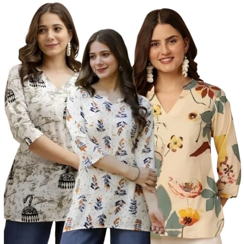Image of Women's Printed Short Kurti Tops Rayon Cotton Blend Tunic Combo