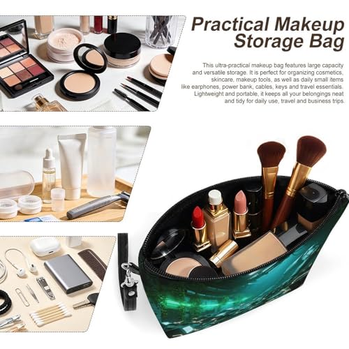 Bolsa de maquillaje para viajes y diario, neceser compacto de piel sintética con asa cómodo 4