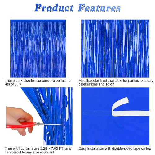 Image of ZATAYE 2 Pack Dark Blue Foil Curtain Backdrop Birthday Party Decorations | Dark blue, Metallic Foil, 3.28 x 7.05 FT, Tinsel Backdrop, Foil Curtain Streamer, Party Decorations