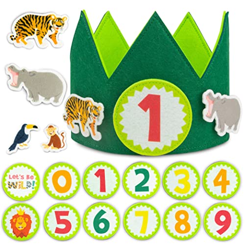BONNYCO Corona Cumpleaños Animales Selva con Números Intercambiables del 0 al 9 y Figuras Tematizadas. Corona Cumpleaños 1 Año en Adelante, Decoracion Cumple Niño Jungla. Fiesta, Carnaval