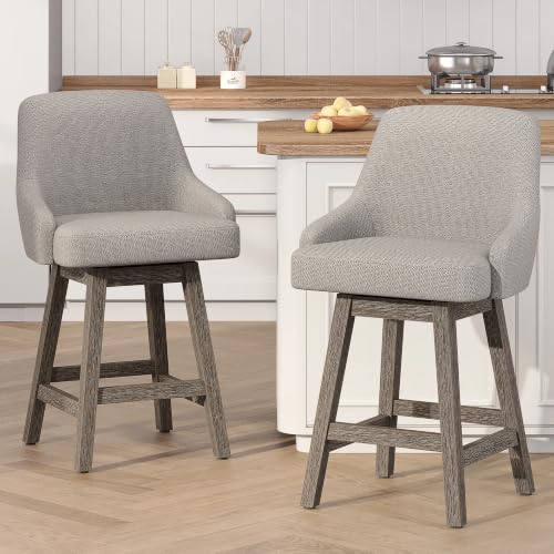 Image of YaFiti Swivel Counter Height Bar Stools Set of 2, 24 inch Modern Chenille Fabric Barstools with Back, Widen Upholstered Seat, Hardened Wood Legs for Kitchen Counter, Island, Dining Room, Oatmeal Grey