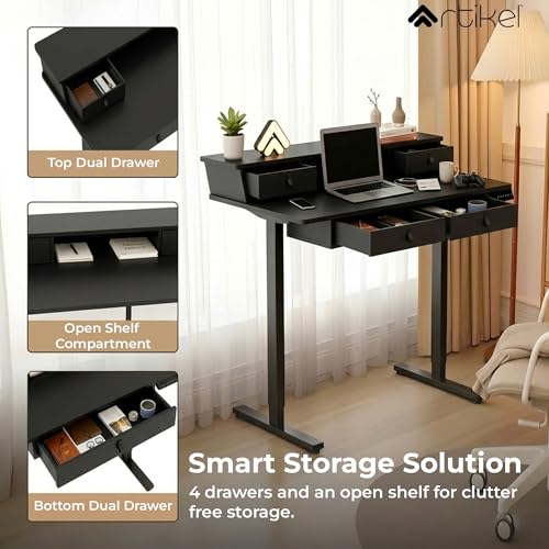 Image of ARTIKEL Valor Electric Height Adjustable Standing Desk with Storage Drawers & Shelves| Sit-Stand Desk for Home Office |Ergonomic Workspace Table| 120 * 69CM|Weight Capacity 80KG|Black