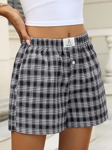 Image of ANRABESS Boxer Shorts for Women Gingham Pajama 2026 Summer Casual Lounge Sleep Plaid Shorts Y2K Beach Bottoms