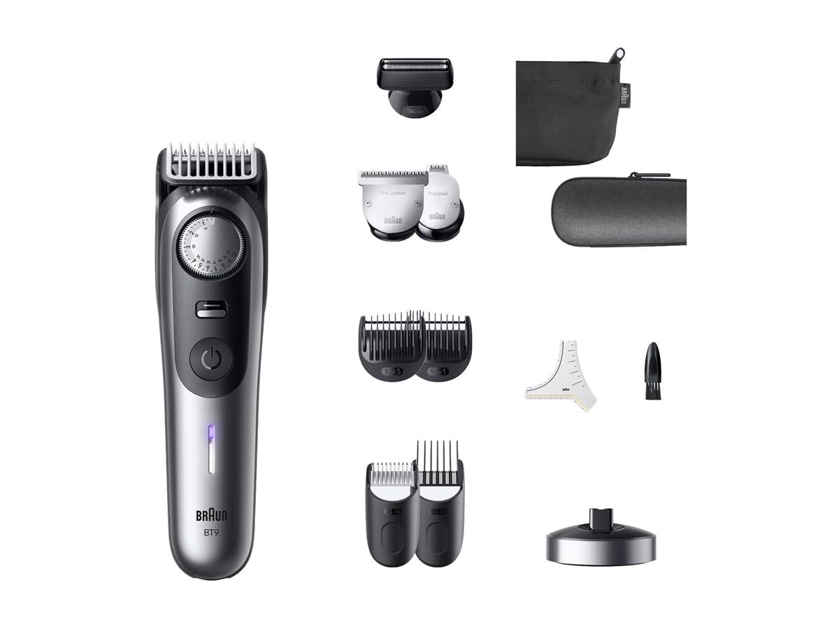 Braun Tondeuse barbe série 9, +​12 ustensiles de barbier, mode Power Boost et lame ProBlade fiable, 180 min, effet d'ombrage, bouton de réglage PrecisionWheel et verrouillage, BT9560, Chrome