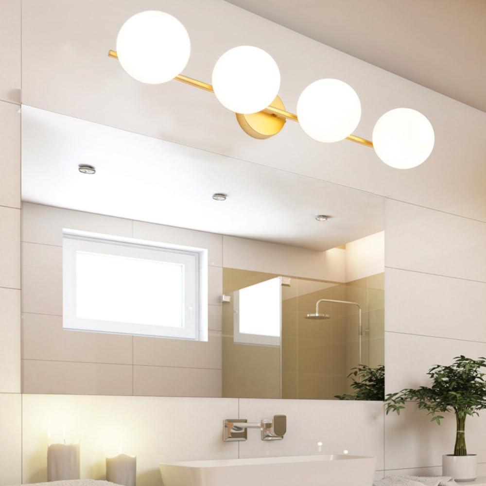 XINYASEE Moderne Badezimmer-Wandleuchte Glaskugeln, Goldfarben, G9 Fassung, Badlampe über Spiegel, Wandlampe für Badezimmer, Schlafzimmer, Flur(ohne Schalter) (4 Köpfe)