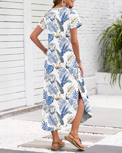 Image of MISFAY Women's Summer Maxi Dress 2026 Casual Short Sleeves V Neck Loose Sundress Split Long Beach T Shirt Dress