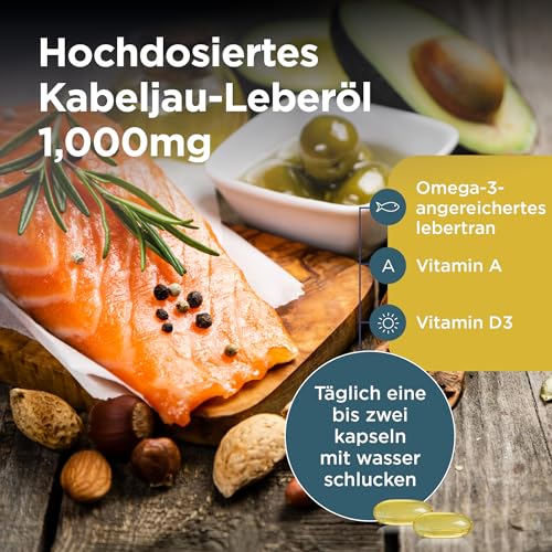 Healthspan Lebertran 1.000 mg | Reich an Omega-3-Fettsäuren DHA & EPA | Vitamin A und D3 | Gehirnfunktion, Augen- und Herzgesundheit | Aus nachhaltigen Quellen (240 Kapsel)