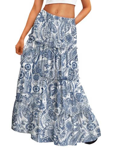 Trendy Queen Vacation Outfits Long Skirts for Women Boho Maxi Skirt Elastic High Waist Dress with Pockets Fashion WhiteBackgroundWithBF L