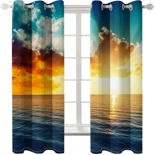 Homxi Cortinas Opaca 2 Piezas,2 x 96W x 229H CM,Cortina de Terraza con Ojales Paisaje de Mar y Puesta de Sol Cortina para Dormitorio Amarillo Azul