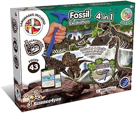 Science4you – Excavaciones Fósiles 4 en 1 – Kit Paleontologia para Niños 6+ Años, Excava 46 Fosiles de 4 Dinosaurios, Juguete Científico y Educativo con Dinosaurios para Niños +6 Años