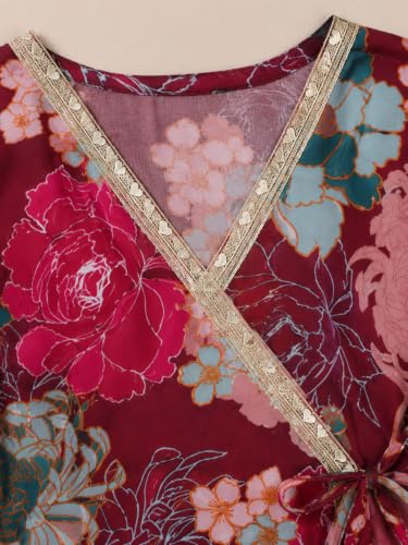 Image of Preneum Girls's Ethnic Cotton Bandhani & Lehariya Printed 3 /4 Sleeves Gotta Patti Angrakha Kurta with Sharara Set