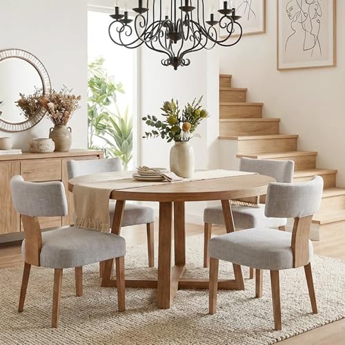 Image of HNY Set of 4 Mid Century Modern Dining Chairs, Farmhouse Linen Fabric Upholstered Accent Chair Curved Backrest Kitchen Chairs, with Hardwood Frame, Grey