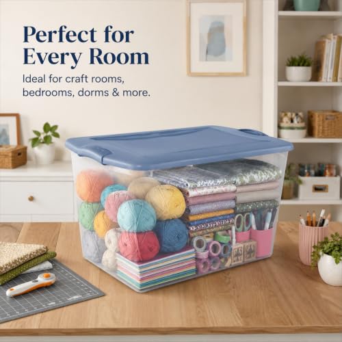 Image of Storage Bins 66 Qt Clear Latching Lid Stackable 6 Pack Blue | Clear Construction with Secure Latches - Easy to see contents without opening. Color latches keep lids firmly attached.