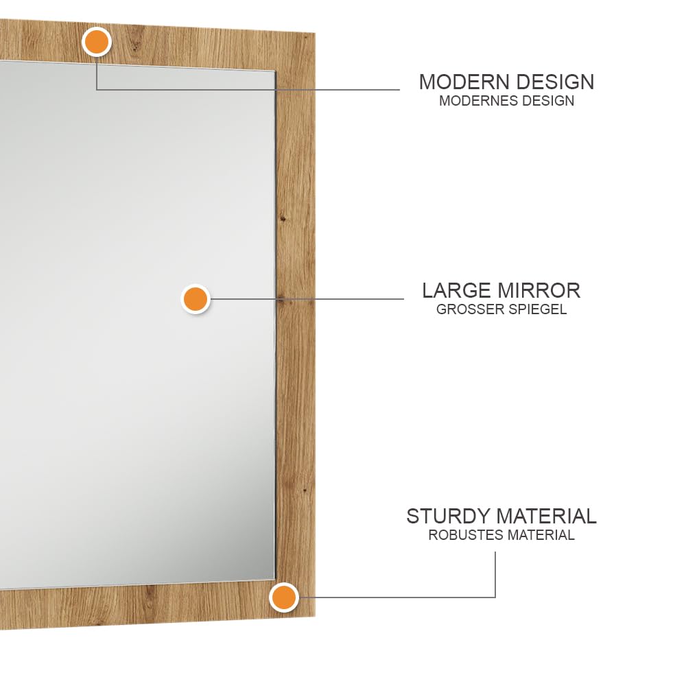 Vicco Espejo de Pared Selena, Roble Artesanal, 70 x 55 cm | apto para montaje en pared para una instalación que ahorra espacio