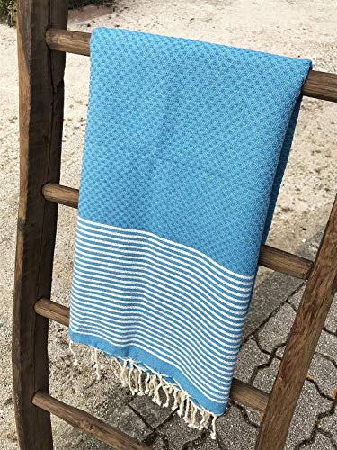 Fouta Tunisienne - Serviette de Plage - 100x200cm Nid d'abeille Lurex Argent Turquoise - 100% Coton