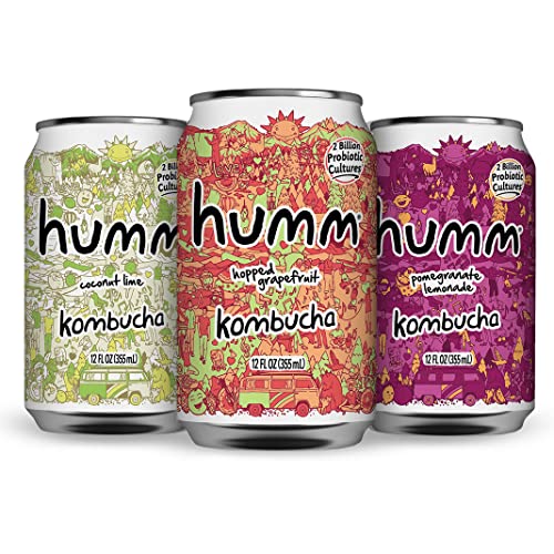 Humm Probiotic Kombucha Hopical Paradise Variety 12 Pack - Organic, 2 Billion Probiotics for Gut Health - Hopped Grapefruit, Coconut Lime, Pomegranate Lemonade