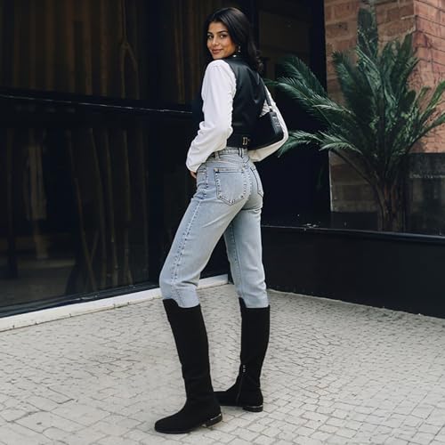 Image of Modatope Rounded Toe Flat Stretchy Dress Knee High Boots Side Zipper | Suede Elastic Fall Winter Boots, Low Chunky Block Heel Riding Boots,2026 Fashion Womens Tall Long Boots
