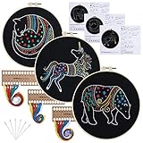 3 Sets Embroidery Kit for Beginners -Cross Stitch Kits for Adults with Pattern and Instructions-Include 3 Embroidery Clothes with Animal, 3 Plastic Embroidery Hoops 8x8 inch, Color Threads and Tools