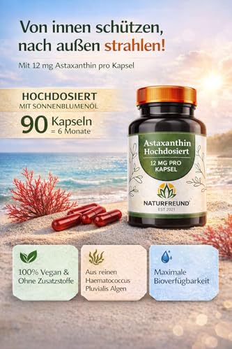 NATURFREUND® Astaxanthin 12 mg HOCHDOSIERT - 90 vegane Kapsel - ohne Zusätze - aus echten Haematococcus Pluvialis-Mikroalgen gewonnen - Laborgeprüft und Zertifiziert in Deutschland