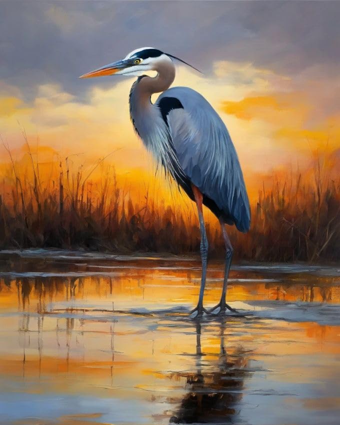 ZMHZMY Paint by Numbers Great Blue Heron,Sunset,Reeds Canvas DIY Oil Painting for Adults Beginner with Brushes and Acrylic Pigment- 16