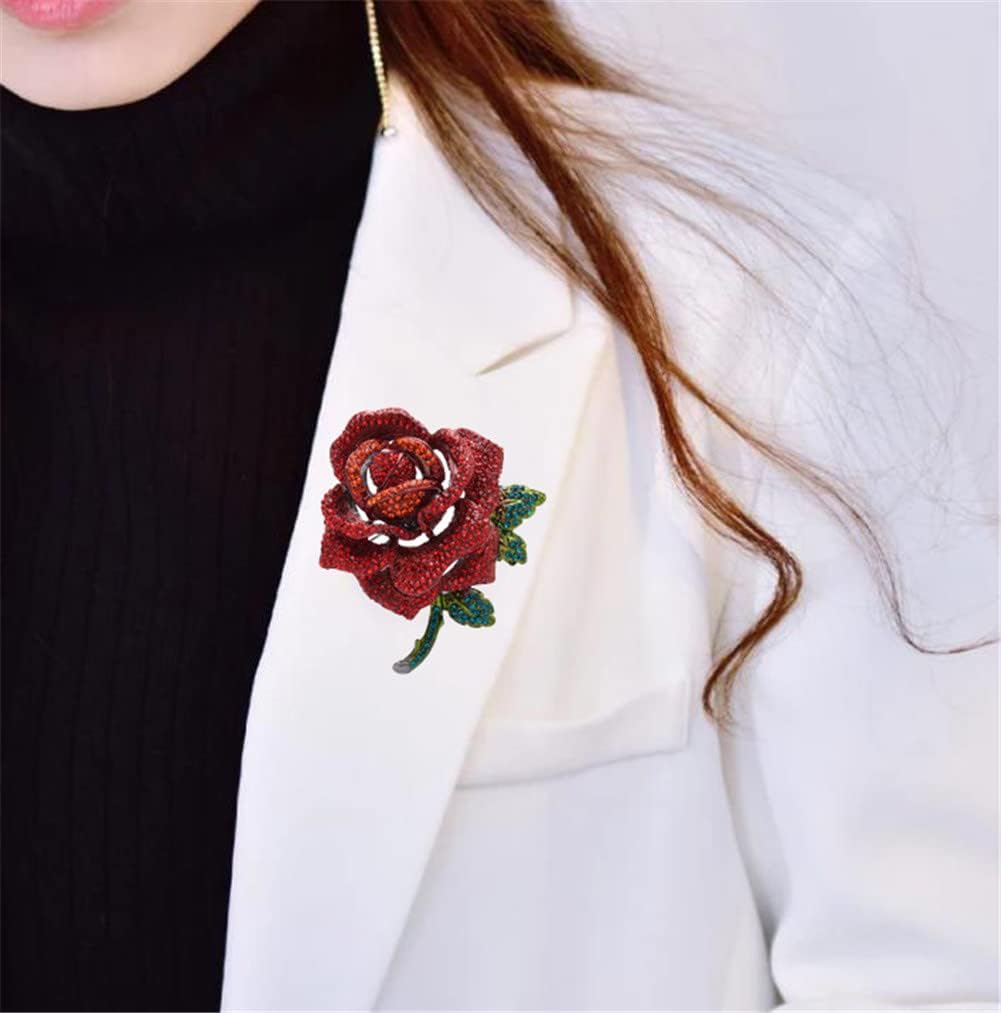 Rose Flower Brooch for Women Girls Red Rhinestone Crystal Rose Lapel Pin Elegant Dress Accessories Jewelry Wedding Birthday Valentine's Day Gift - Image 3