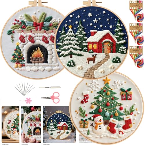 Smart-Feather 3pcs Embroidery kit for Holiday Embroidery Kits for Christmas Cottage with Hoop for Adults with Hoop DIY Art Project Craft Kit (Welcome)